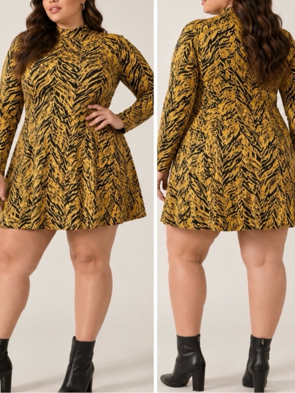 Rahi Sophie Tigress Gold Black Tiger Print Mock Neck Bold Glam Grunge Mini Dress